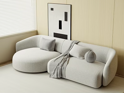Light Gray Curved Sectional Sofa With Cushions Throw Blanket And Abstract Painting In Modern Room 3d model