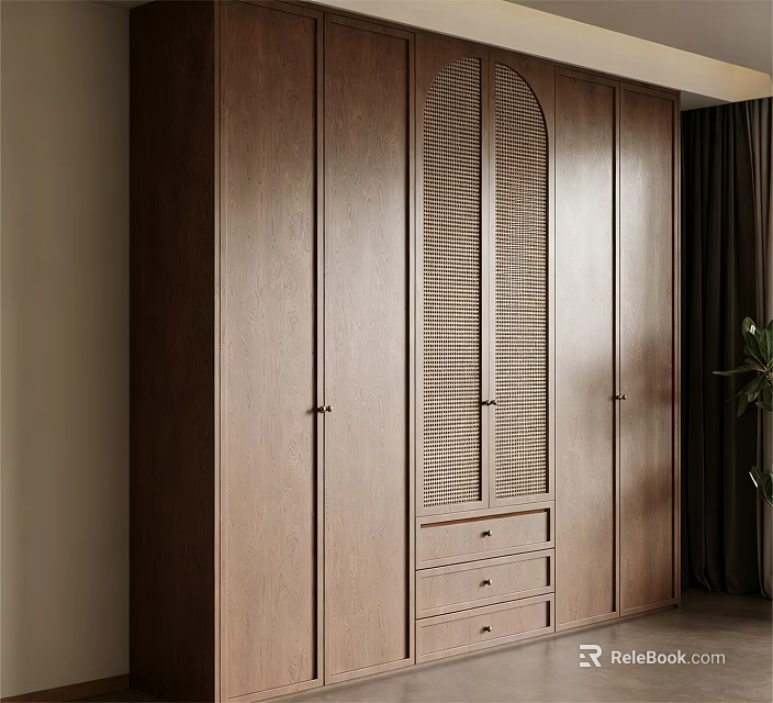 Modern Dark Brown Wooden Wardrobe With Rattan Panel Doors And Bottom Drawers 3d model 