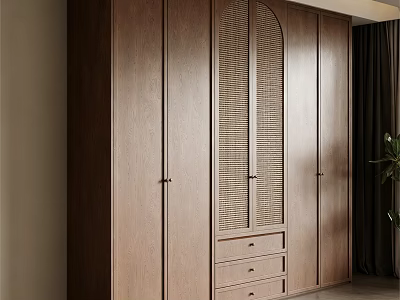 Modern Dark Brown Wooden Wardrobe With Rattan Panel Doors And Bottom Drawers 3d model