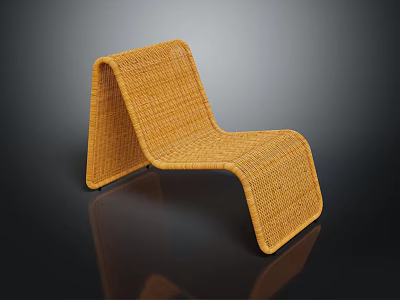 Woven Rattan Lounge Chair with Curved Ergonomic Design on Black Reflective Surface 3d model