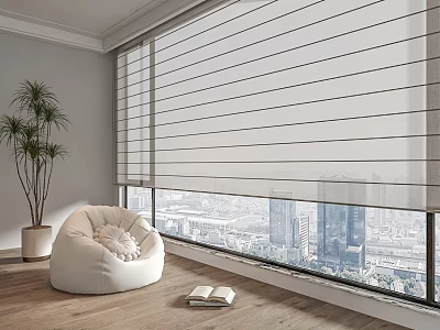 Modern Striped Window Blinds in Bright Interior with City View and Bean Bag Chair 3d model