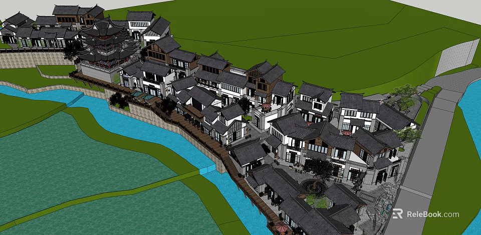 Traditional Commercial Street With Classic Black Tile Roofs River And Green Landscaping 3d model 