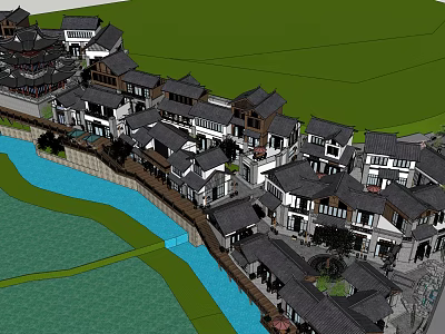 Traditional Commercial Street With Classic Black Tile Roofs River And Green Landscaping 3d model