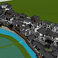 Traditional Commercial Street With Classic Black Tile Roofs River And Green Landscaping