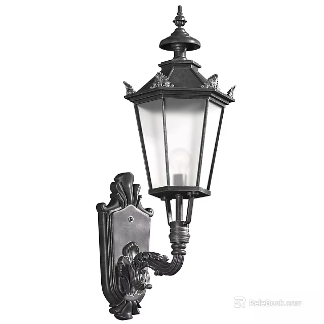 Vintage Black Wall Lamp With Glass Shade And Ornate Carved Decorative Base 3d model 