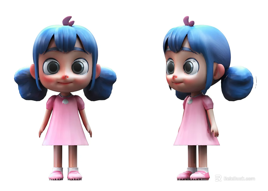 Game And Movie Cartoon Character With Blue Hair Pigtails And Pink Dress Front Side View 3d model 