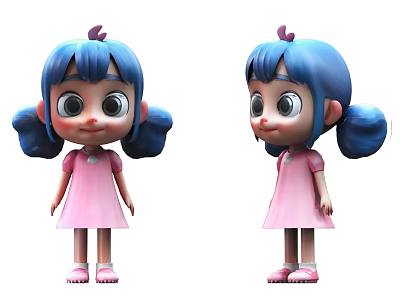 Game And Movie Cartoon Character With Blue Hair Pigtails And Pink Dress Front Side View 3d model
