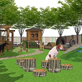 Kids Playground Design With Colorful Fence Slides Pond Wooden Bridge And Green Lawn