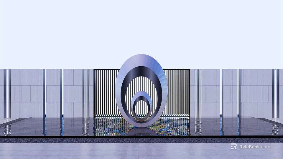 Modern Circular Landscape Sculpture With Metal Rings Background Fence And Water Reflection 3d model 