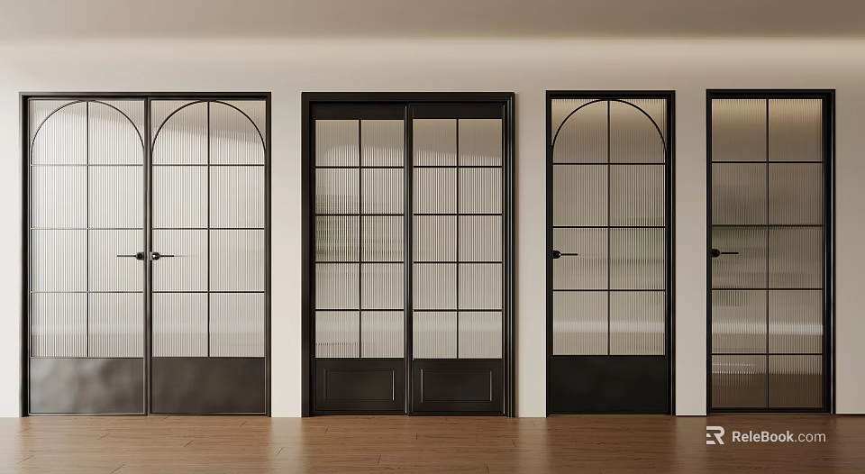 Modern Interior Doors With Black Frames Glass Panels Arched Rectangular Shapes And Grid Design 3d model