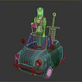 Small Old Blue Car With Female Figure Holding Orange Tool And Long Sword On Roof