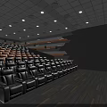 Modern Cinema Interior With Staggered Comfortable Seats Ceiling Lights And Patterned Carpet 3d model