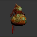 Gourd Shaped Sculpture With Intricate Golden Dragon Patterns Orange Green Colors And Red Rope