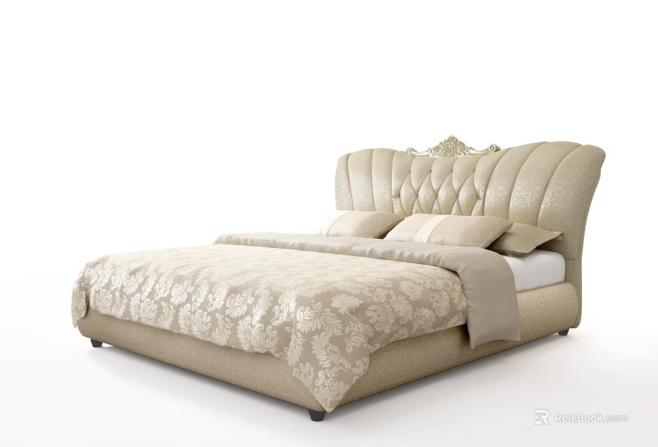 Elegant Cream Double Bed With Tufted Headboard And Floral Pattern Bedding 3d model