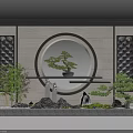 Traditional Chinese Scenic Feature Wall With Circular Center Potted Pine Bamboo And Rockery Stones