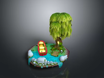 Small Red Boat On Water With Weeping Willow Tree Wooden Bridge Stones And Small Plants 3d model