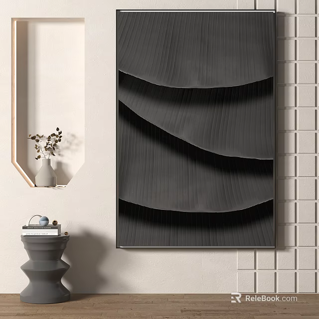 Abstract Gray Wave Texture Wall Art With Decorative Vase And Ornaments 3d model