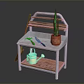 Garden Storage Shelf With Metal Frame Wooden Shelves Garden Tools Watering Can And Green Plant