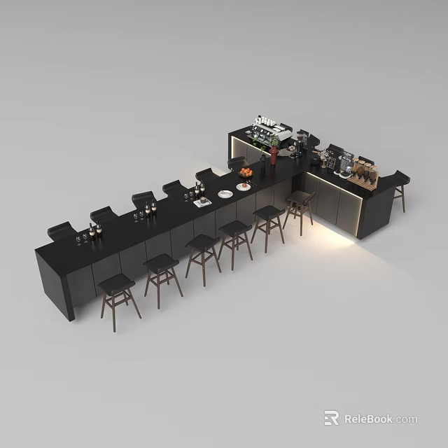 Modern Bar Interior Design With Black Countertop And Wooden Bar Stools 3d model 