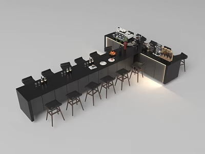 Modern Bar Interior Design With Black Countertop And Wooden Bar Stools 3d model