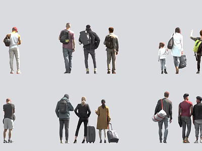 Group of People In Different Postures Carrying Backpacks And Suitcases Walking 3d model