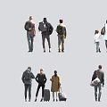 Group of People In Different Postures Carrying Backpacks And Suitcases Walking