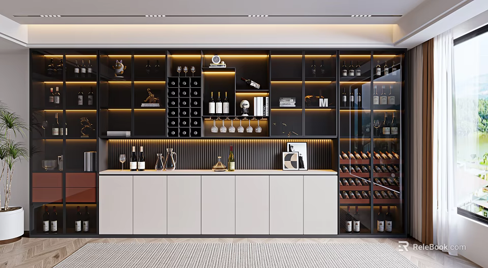 Modern Wine Cabinet With Glass Doors LED Lighting And Wine Storage Shelves 3d model 