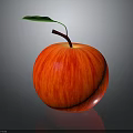 Vibrant Red Apple With Green Leaf And Brown Stem On Black Surface Against Gray Background