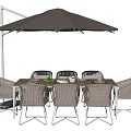 Outdoor Dining Table And Chairs Set With Gray Wicker Seats And Rectangular Top Under Umbrella 3d model