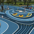 Outdoor Garden Landscape Design With Children's Playground Blue Ground Climbing Nets And Trees
