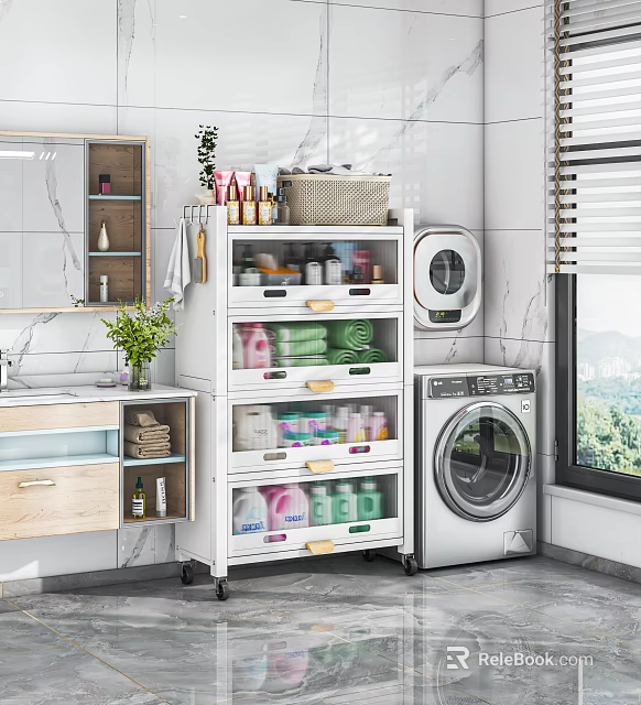 Bathroom Washbasin Setup With Washing Machine Storage Shelf And Toiletries Towels Mirror Plant 3d model 