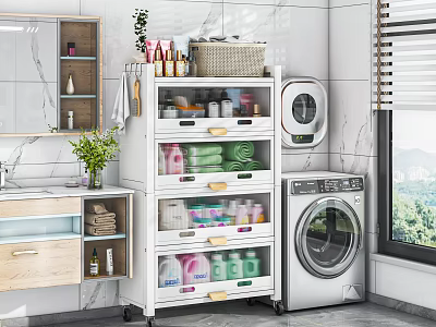 Bathroom Washbasin Setup With Washing Machine Storage Shelf And Toiletries Towels Mirror Plant 3d model