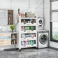 Bathroom Washbasin Setup With Washing Machine Storage Shelf And Toiletries Towels Mirror Plant