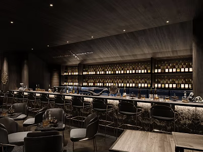 Stylish Modern Bar Interior With Wooden Counter Shelves Of Wine Bottles And Comfortable Seating 3d model