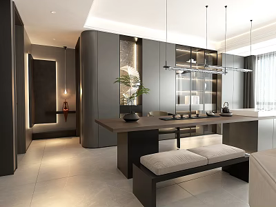 Modern Minimalist Tea Room Interior Design With Wooden Tea Table Plants And Hanging Lights 3d model