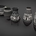 Ancient Pottery Vases With Intricate Black White Patterns Displayed In A Row With Geometric Symbols