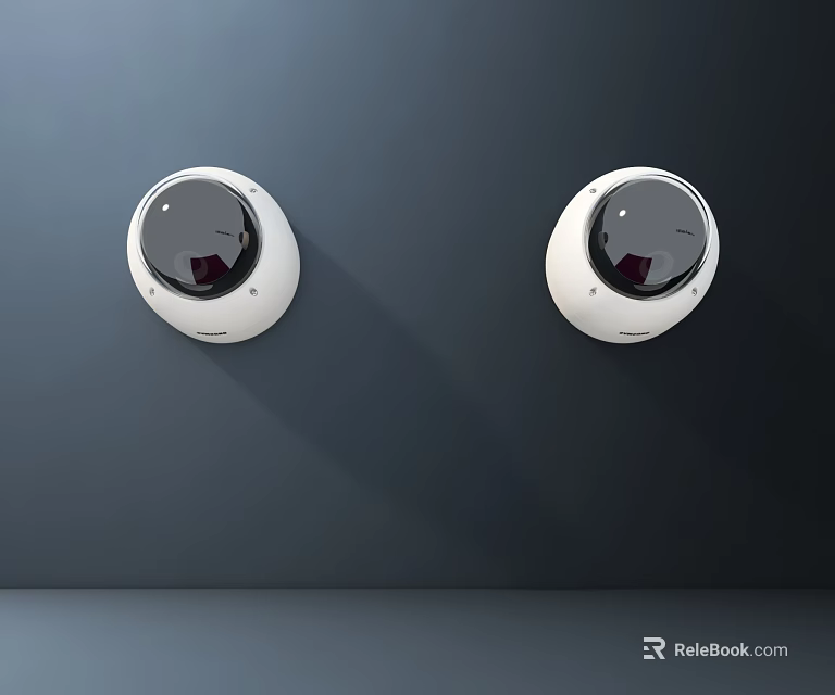Two White Spherical Security Projection Monitoring Cameras Installed on Dark Gray Wall 3d model 