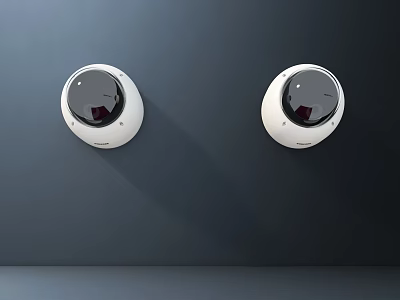 Two White Spherical Security Projection Monitoring Cameras Installed on Dark Gray Wall 3d model