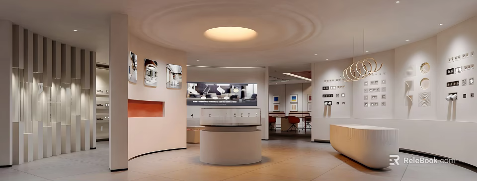 Modern Store Interior With Circular Ceiling Light Central Display Counter And Wall Displays 3d model 