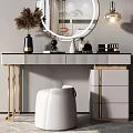 Elegant Modern Vanity Dressing Table With Round Mirror Pendant Light And Gold Accents