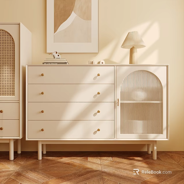 Modern Cream Sideboard with Arched Rattan Door Golden Handles and Decorative Lamp 3d model 