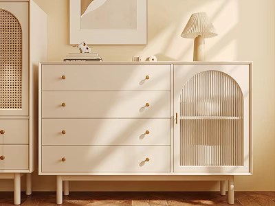Modern Cream Sideboard with Arched Rattan Door Golden Handles and Decorative Lamp 3d model