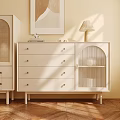 Modern Cream Sideboard with Arched Rattan Door Golden Handles and Decorative Lamp