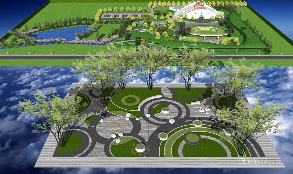 Scenic Park Landscape Featuring Green Lawns Trees Circular Paths And Water Features 3d model 