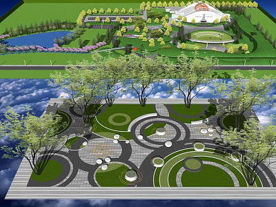 Scenic Park Landscape Featuring Green Lawns Trees Circular Paths And Water Features 3d model