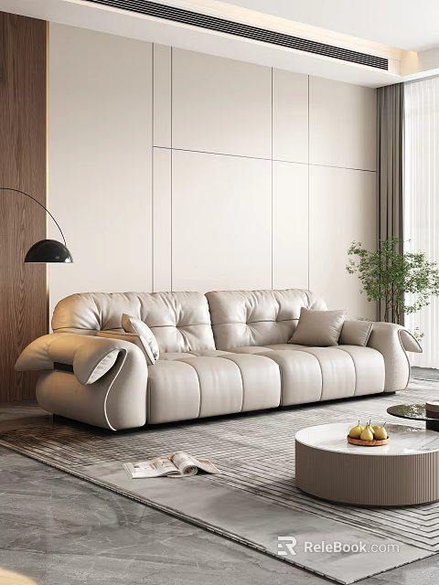 Cream Leather Sofa and Round Coffee Table Set with Fruits Potted Plant and Floor Lamp 3d model 