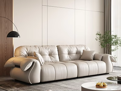 Cream Leather Sofa and Round Coffee Table Set with Fruits Potted Plant and Floor Lamp 3d model