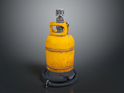 Yellow Gas Cylinder With Metal Valve And Black Base On Dark Background 3d model