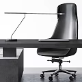 Modern Black Office Desk With Ergonomic Chair Desk Lamp Laptop And Documents