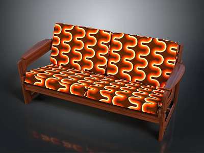 Wooden Frame Sofa With Orange Brown Swirl Pattern Upholstery And Armrests 3d model